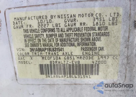 2011 Nissan Sentra 2.0S z USA, uszkodzony, nr VIN 3N1AB6AP1BL631541